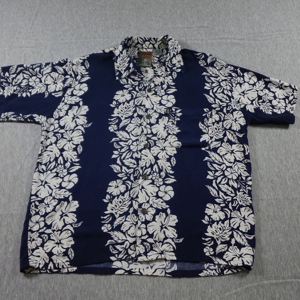 Mens Small S Pineapple Connection 100 Rayon Hawaiian Camp Shirt Navy Floral